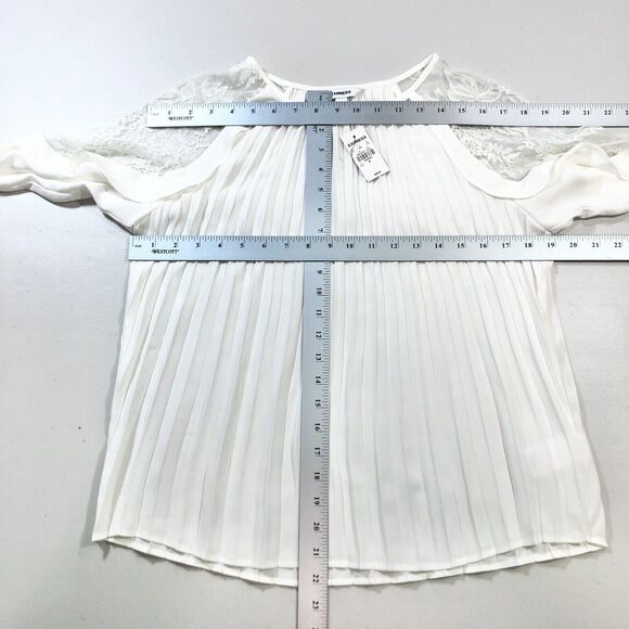 NWT Express Womens Sz S Ivory Floral Pleated Blouse Long Sheer Lace Sleeve - Picture 8 of 9